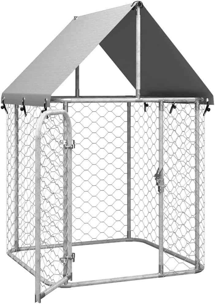 Outdoor Dog Kennel with Roof, Galvanized Steel Puppy Cage 100x100x150cm