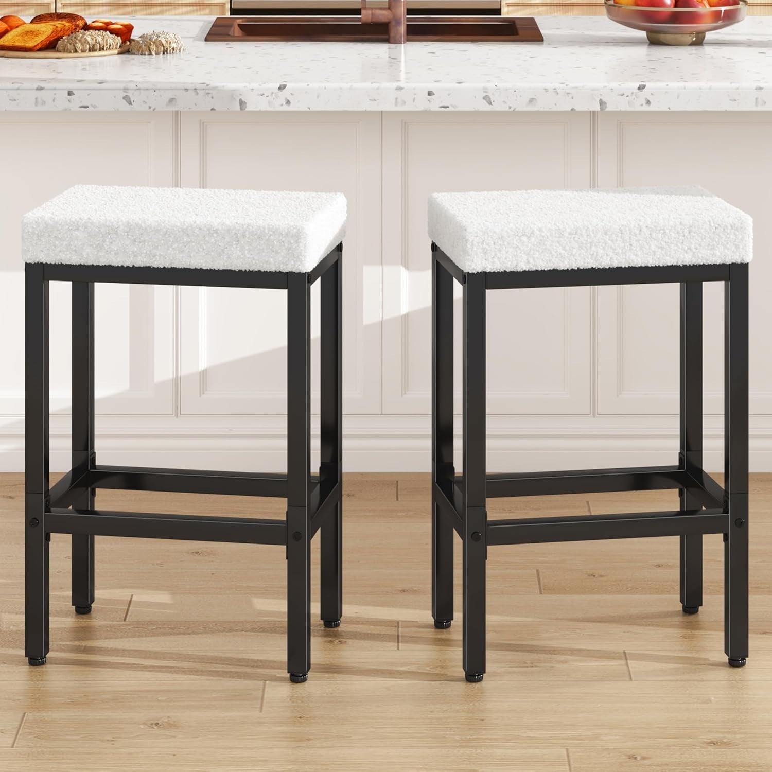 White Bar Stools Set of 2 Counter Height Kitchen Chairs 66cm