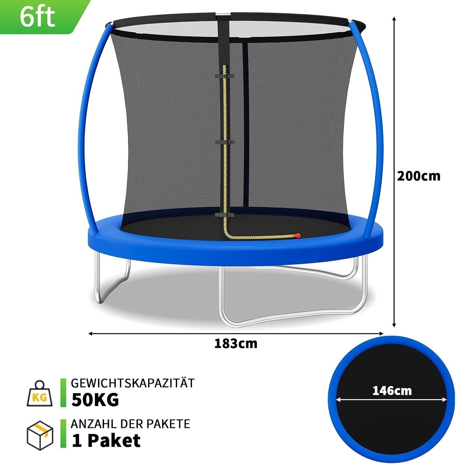 6ft Outdoor Trampoline with Safety Net Curved Poles Garden Blue