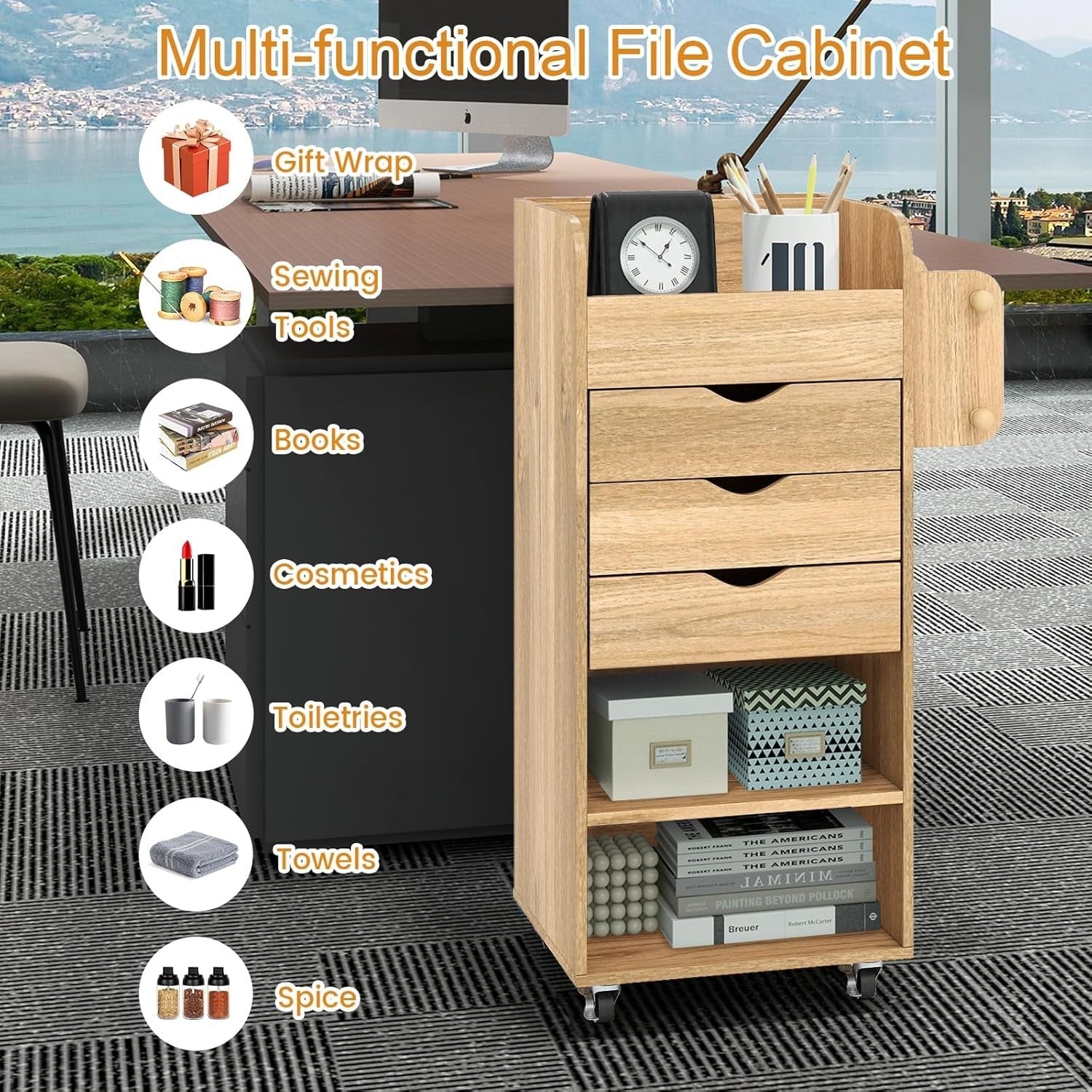 Natural Mobile File Cabinet 86cm 3 Drawer Under Desk Storage