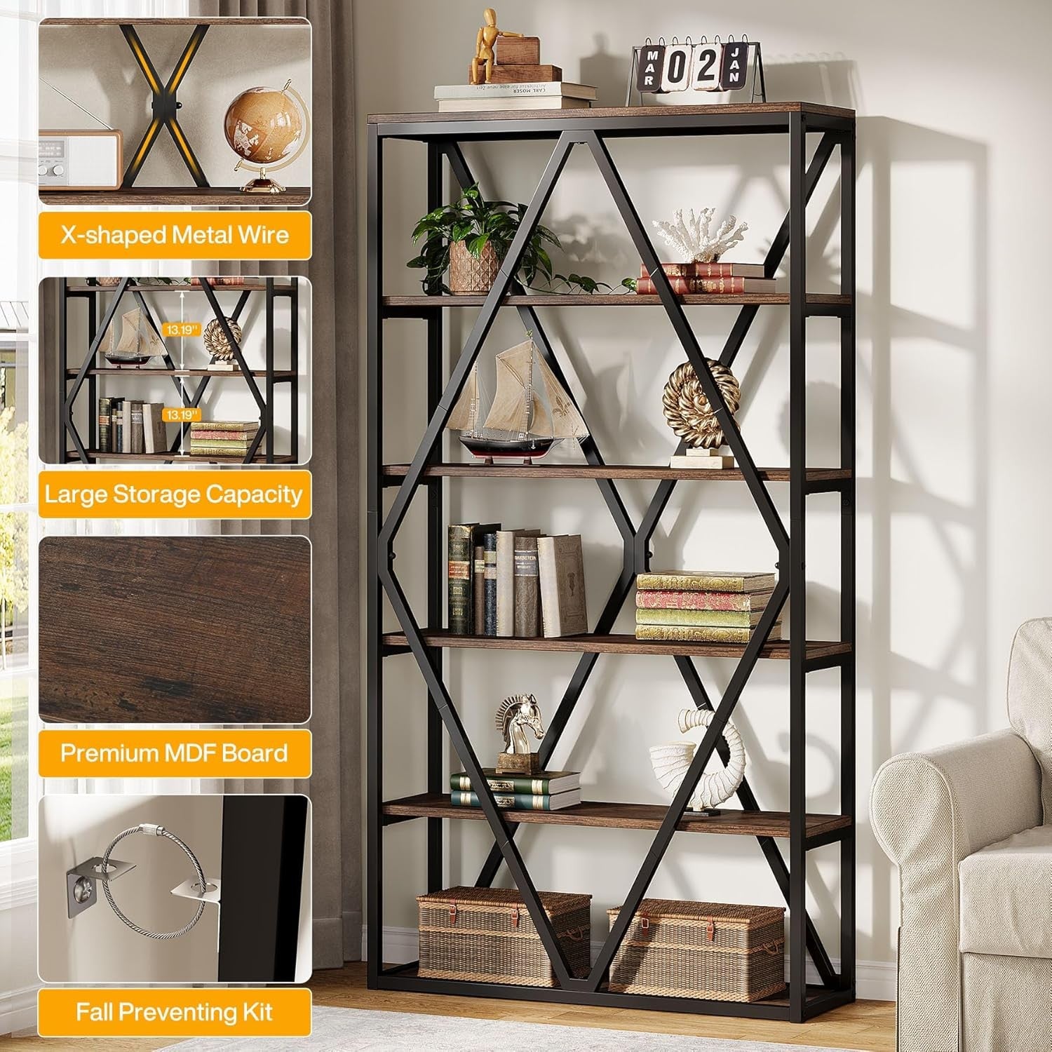 71-Inch Industrial 6-Tier Tall Bookshelf | Rustic Wood & Metal Display Shelving