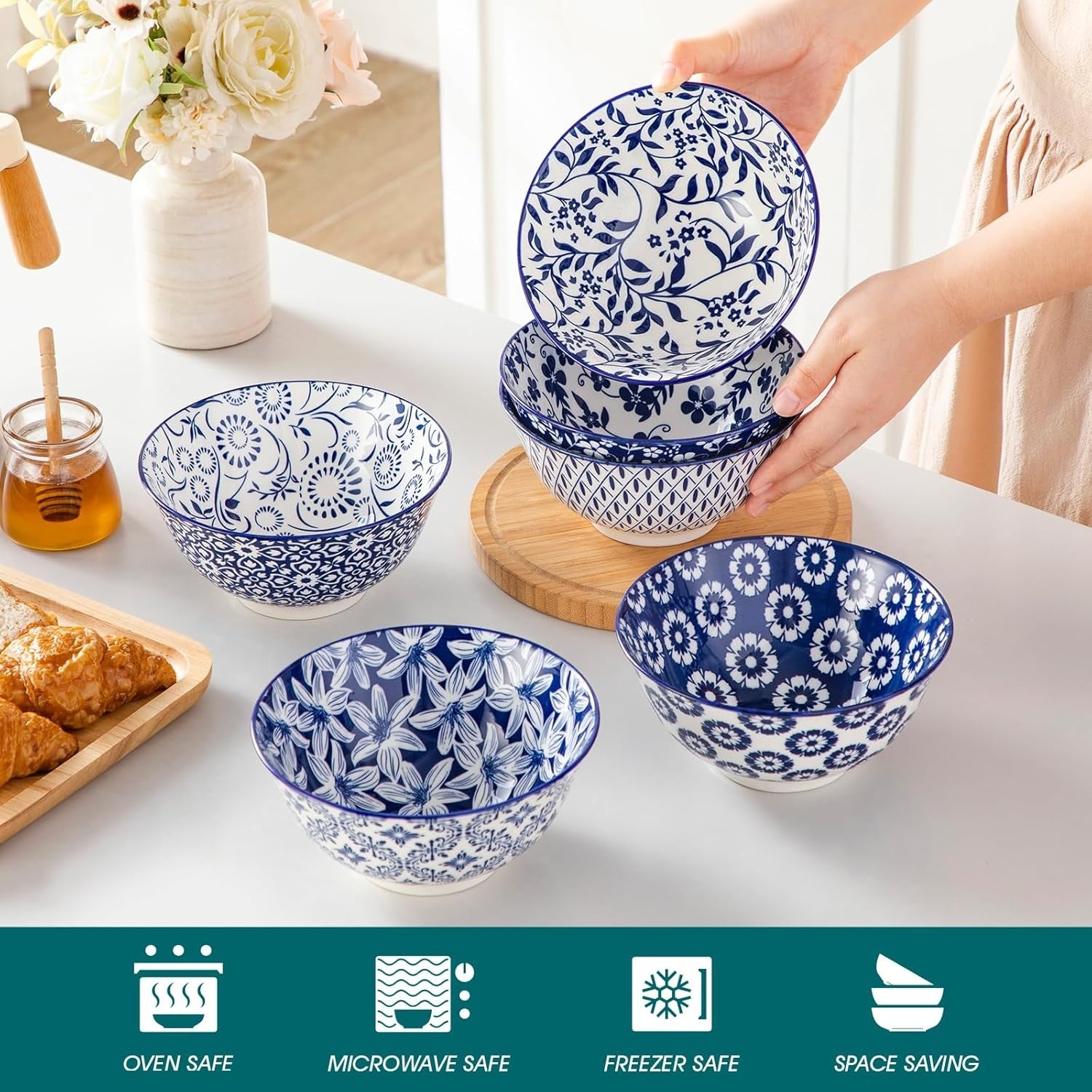 Set of 6 Vintage Blue White Ceramic Bowls 24oz Salad Cereal Pasta