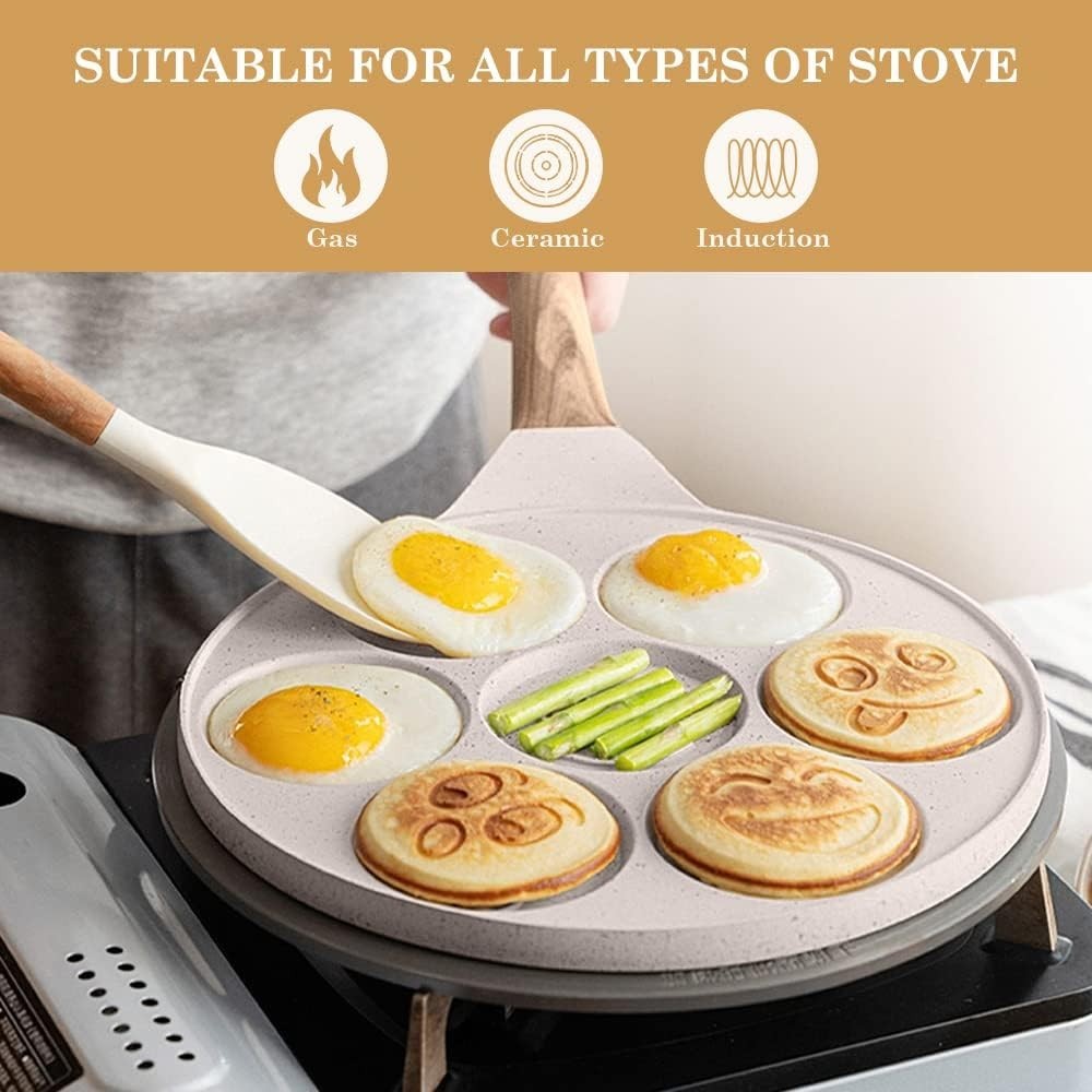 Smiley Face Pancake Pan 26cm White Non Stick 7 Hole Mini Pancake Maker Induction