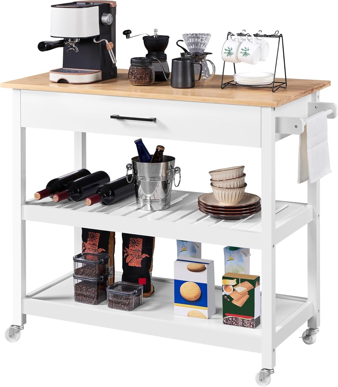 White Rolling Kitchen Island Trolley with Bamboo Worktop, Drawer & Shelves