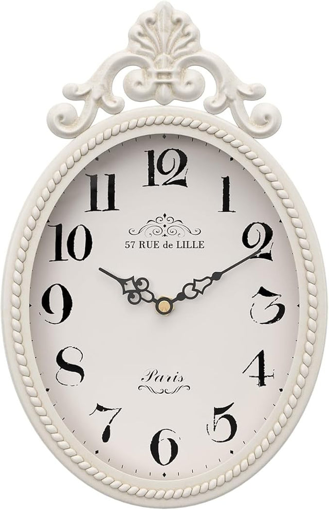 Vintage French Oval Wall Clock 27cm Silent Ivory White Farmhouse Decor