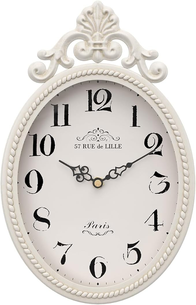Vintage French Oval Wall Clock 27cm Silent Ivory White Farmhouse Decor