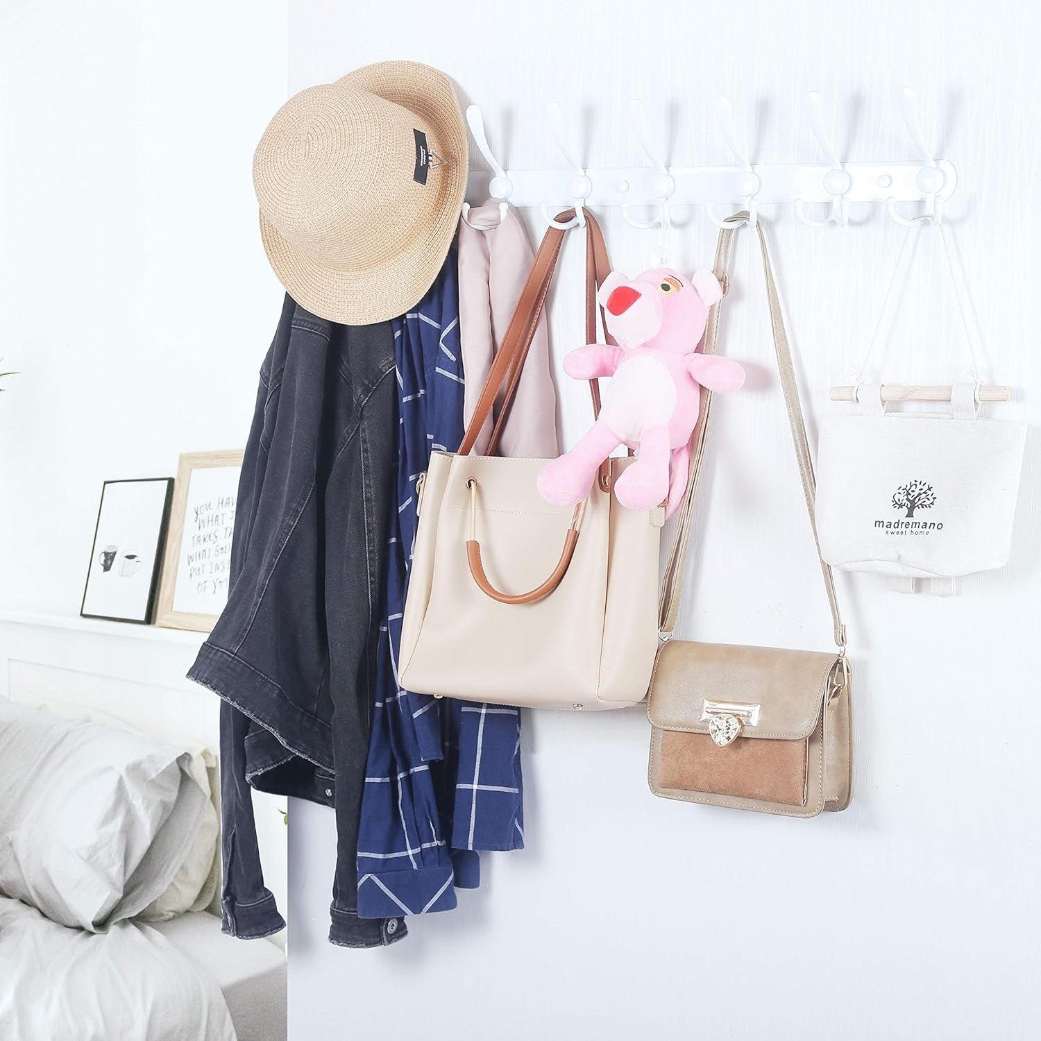2 Pack 75cm Wall Mounted Coat Racks with 8 Hooks | White Metal Hook Rail