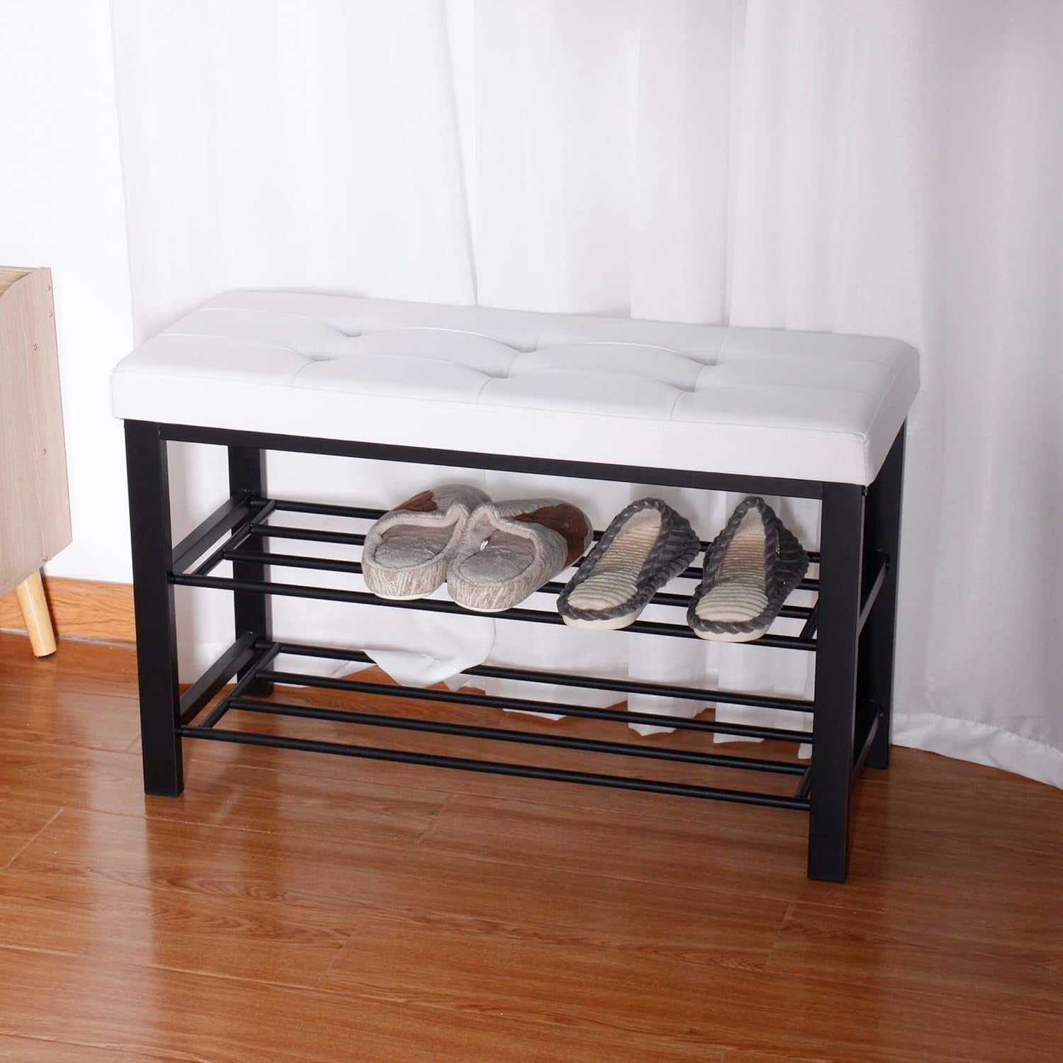 3 Tier Shoe Rack Bench Leather Padded Seat Storage Organizer Metal Frame