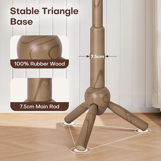 Adjustable Height Wooden Coat Rack 188cm Freestanding Tree Stand with 9 Hooks