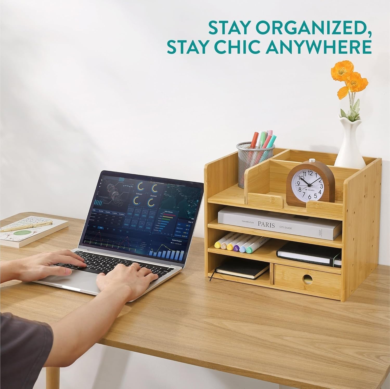 Bamboo Desk Organiser with Drawers & Compartments for Office & Stationery