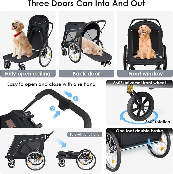 Heavy Duty 4 Wheel Dog Stroller Foldable Pet Pushchair for Large Dogs 100lb