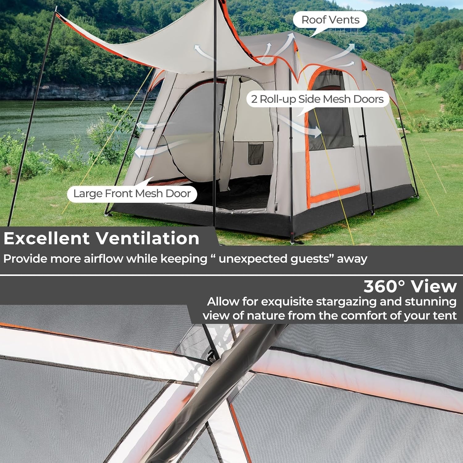 Spacious 4-6 Person Camping Tent Waterproof Rainfly Mesh Windows