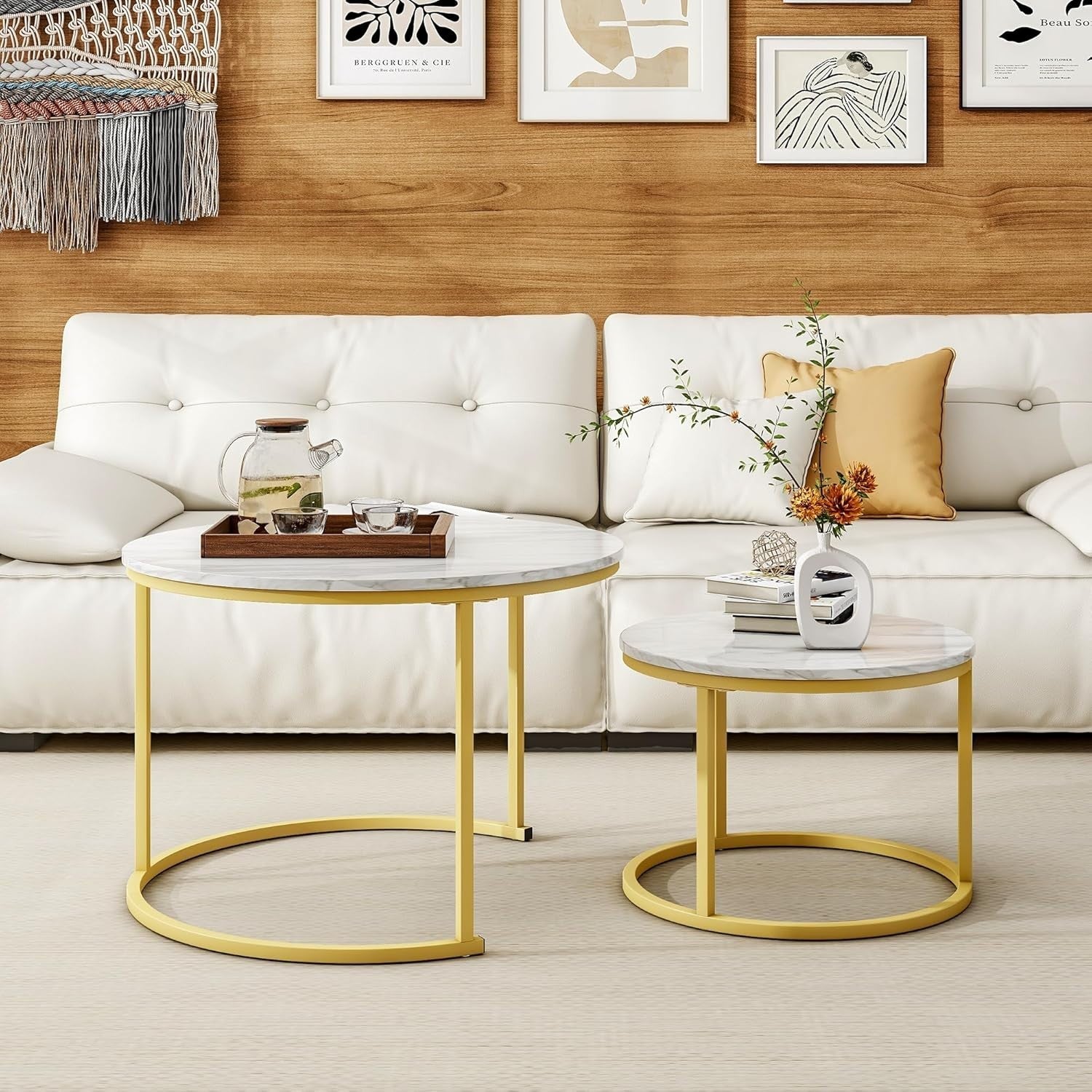 Nesting Coffee Tables Set of 2 Round Side End Table Stacking Living Room Gold Wh
