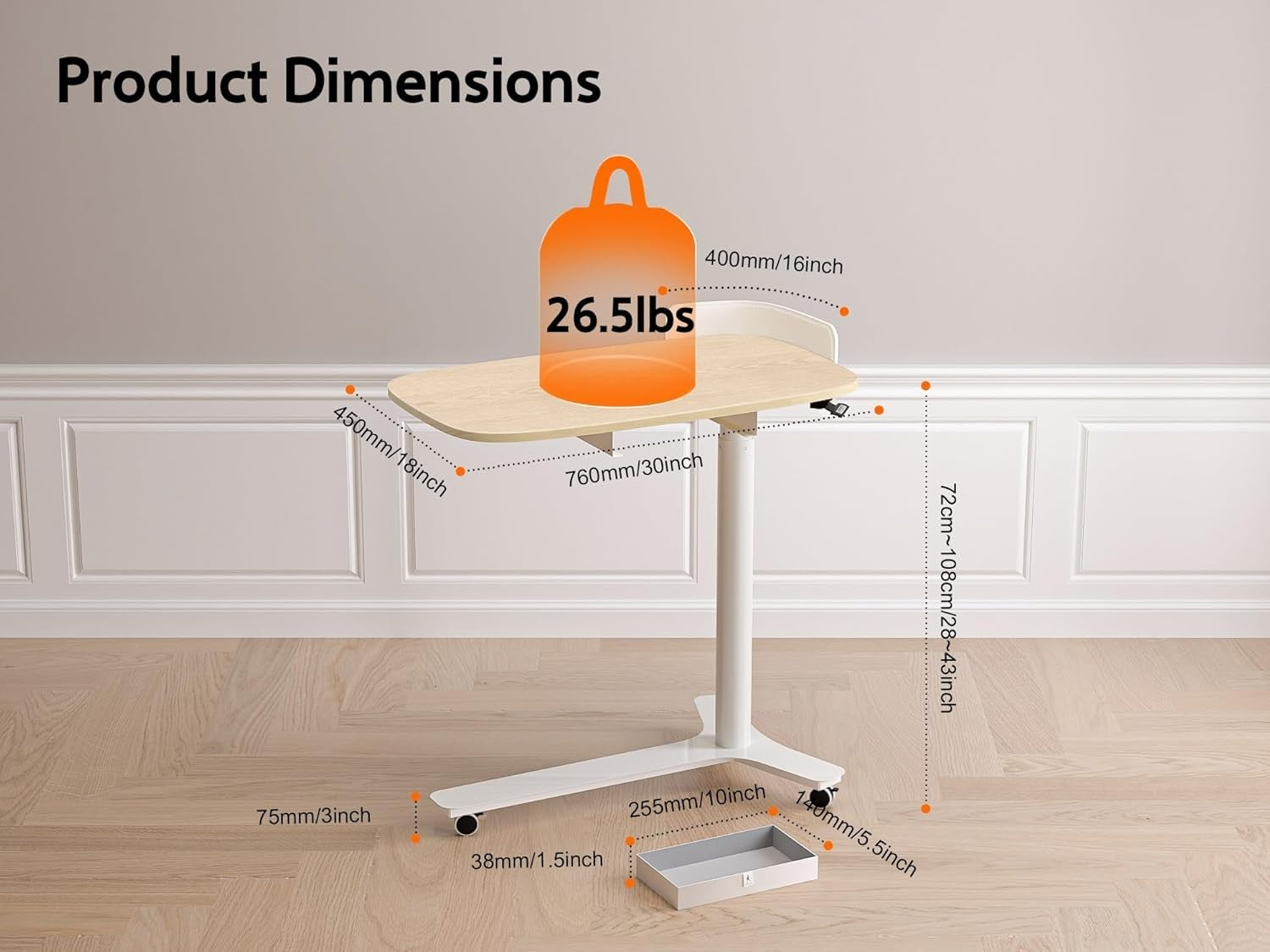 Mobile Standing Desk on Wheels Adjustable Pneumatic Overbed Laptop Table