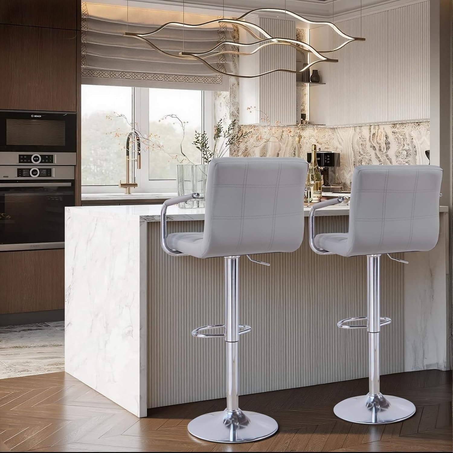 Grey PU Leather Bar Stool Adjustable Height 360° Swivel with Armrest