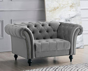 Grey Velvet Chesterfield Armchair 1.5 Seater Sofa Tufted Wood Legs