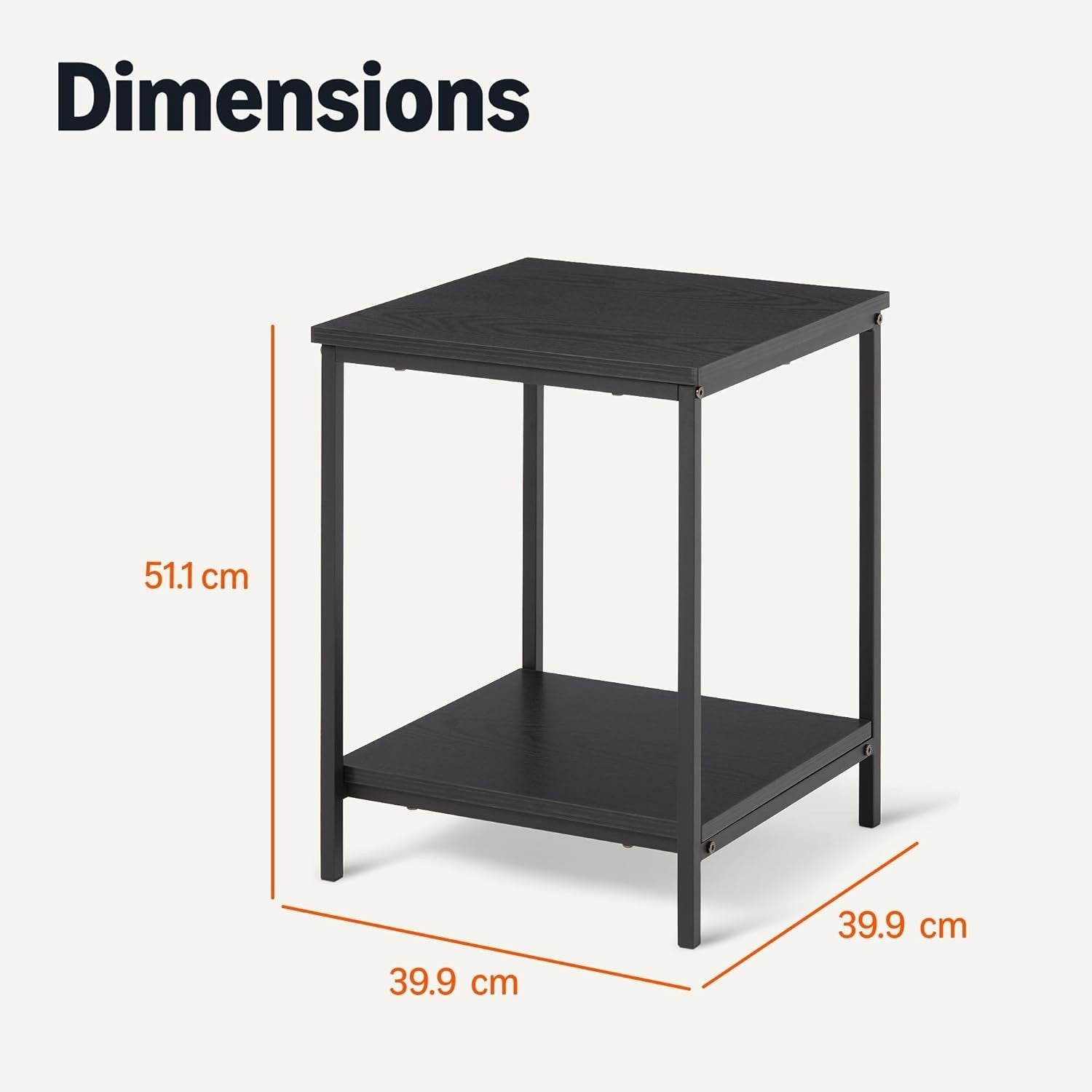 Square Side Table with Bottom Shelf, Black 40x40x51cm