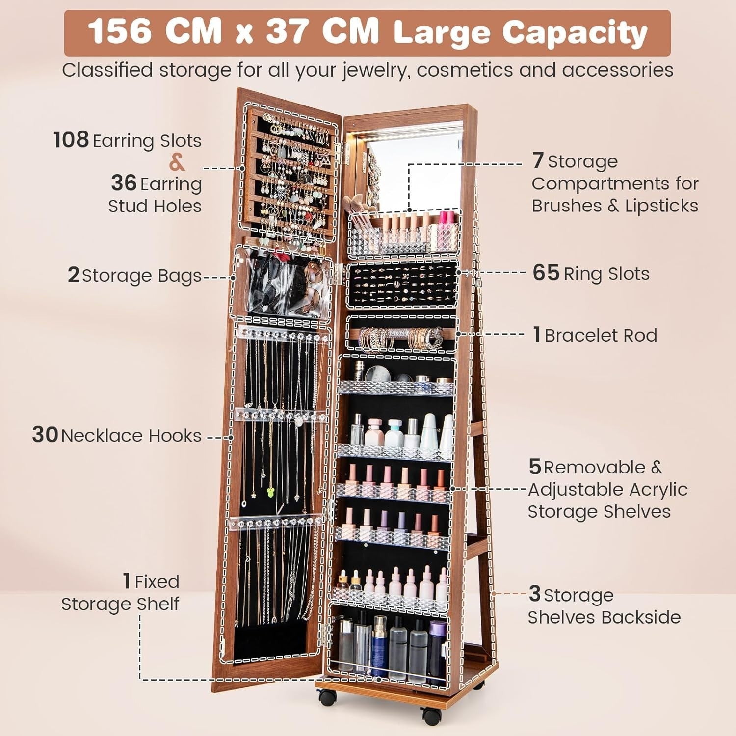 Brown Swivel Jewelry Cabinet LED Mirror Lockable Storage with Wheels