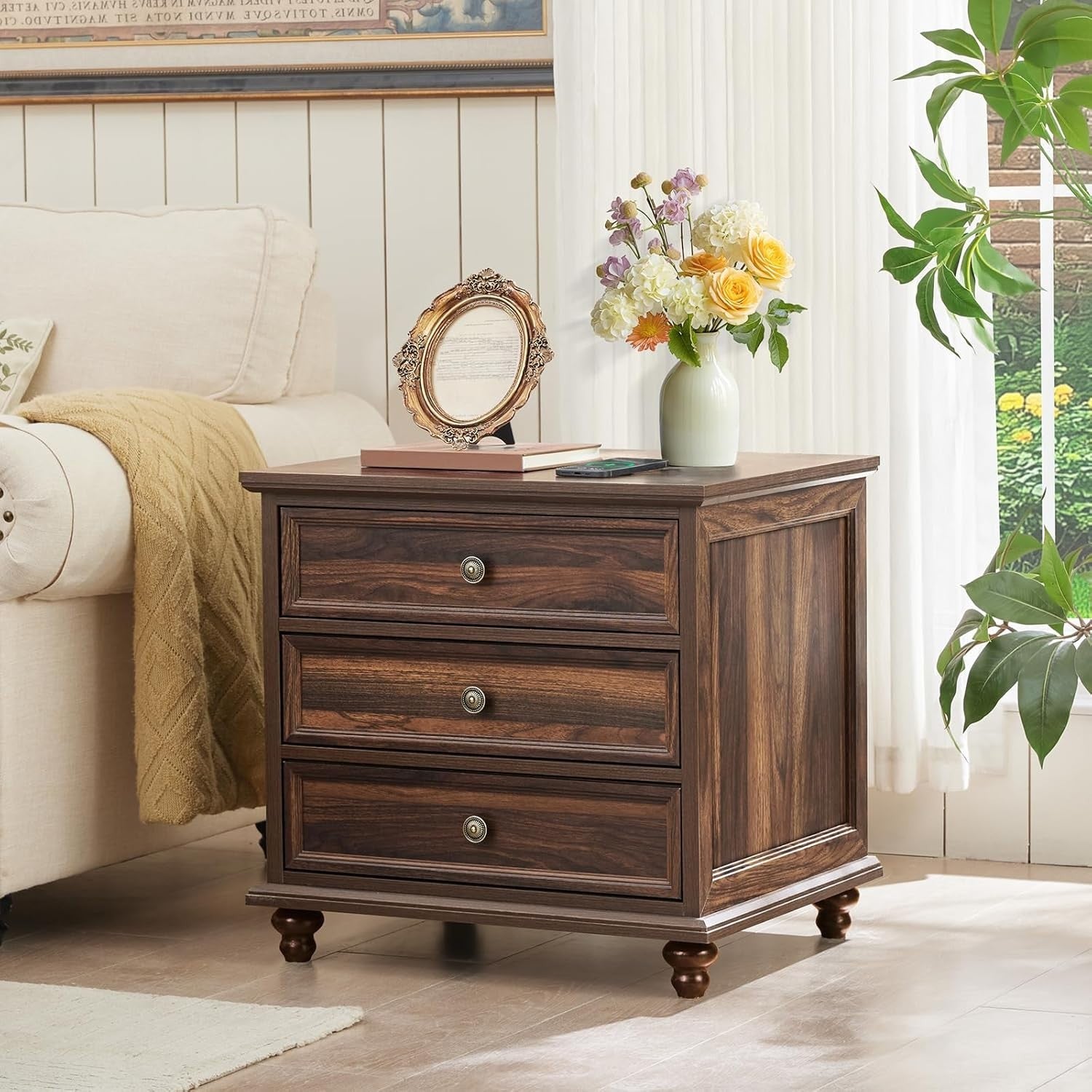 Brown Wooden Bedside Table with Drawers – Rustic Farmhouse Nightstand