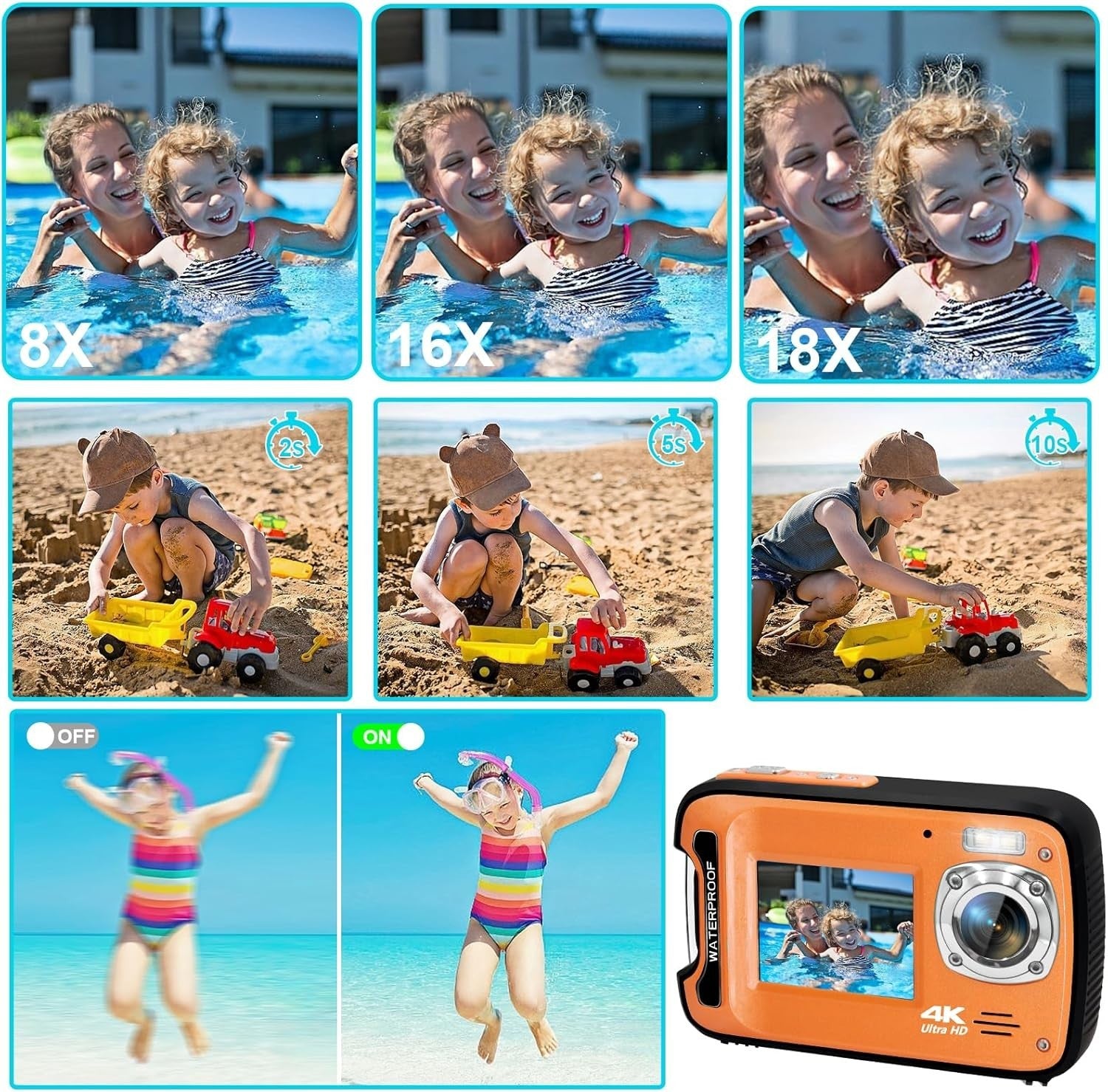 4K 48MP Waterproof Digital Camera 17FT Underwater Dual Screen 18X Zoom