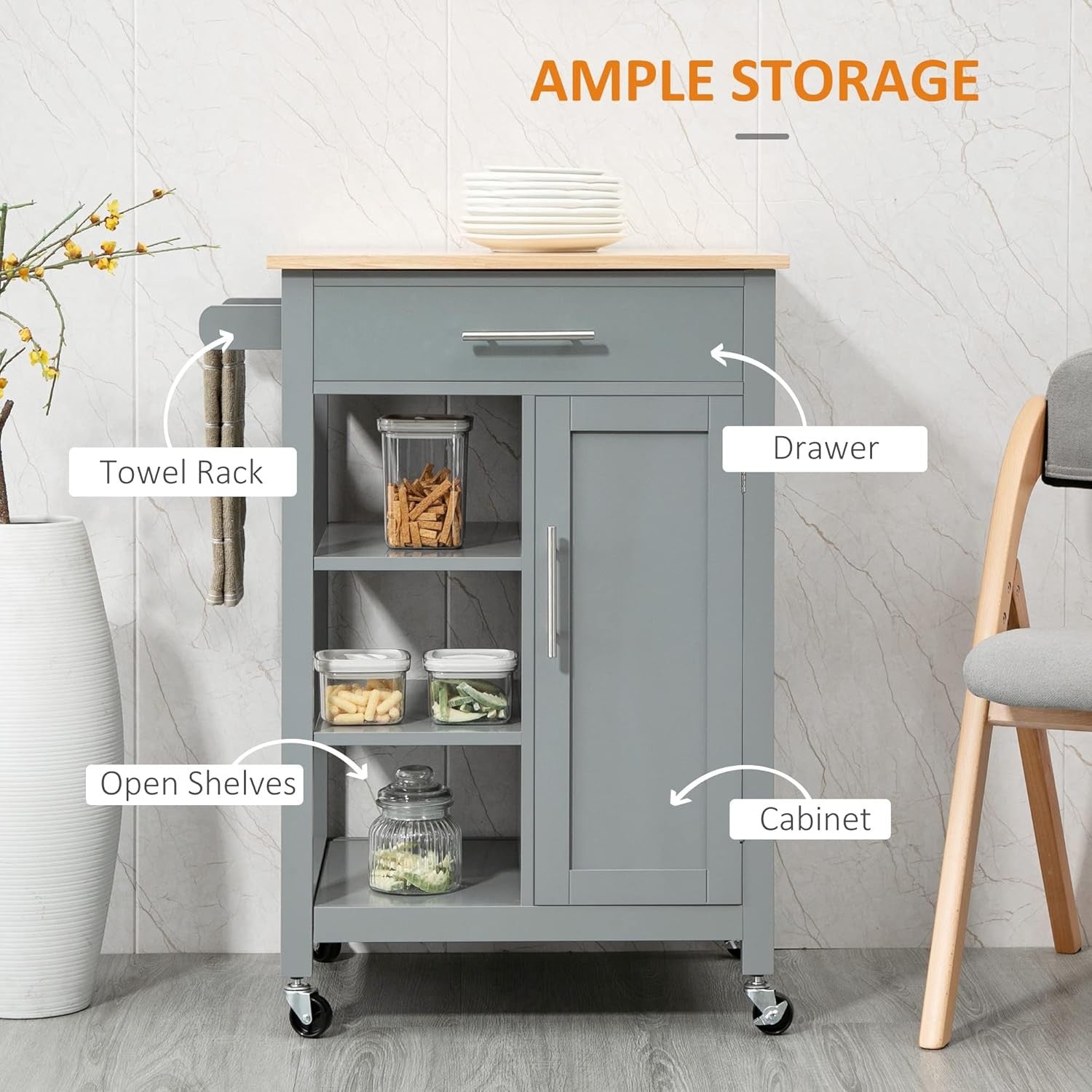 Compact Kitchen Trolley Storage Cart with Drawer Cabinet Shelves Wheels