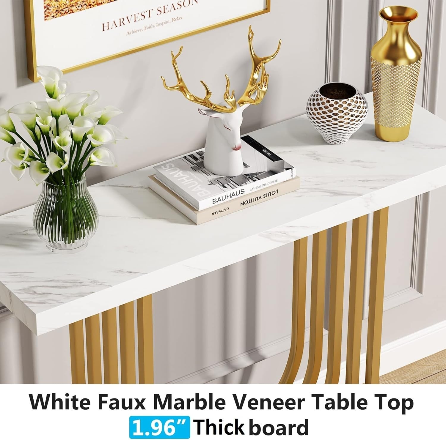 Modern Gold Console Table Faux Marble Top 100x30x82cm Hallway Foyer Desk