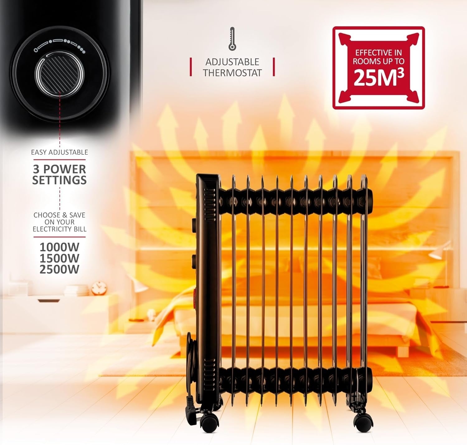 2500W Oil Filled Radiator Heater 11 Fin Portable Thermostat Timer