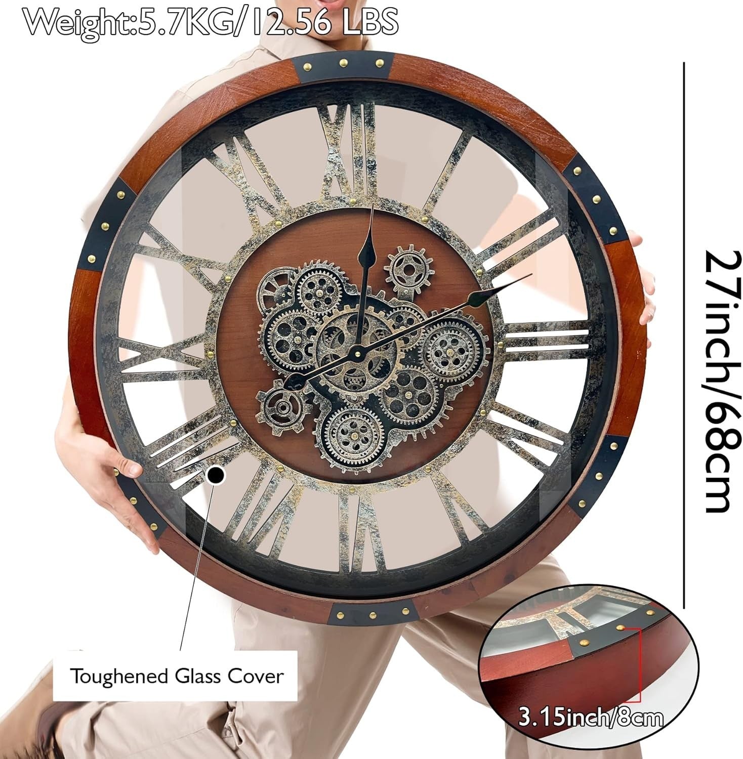 27" Industrial Wall Clock Metal Gears Rustic Steampunk Decor Large