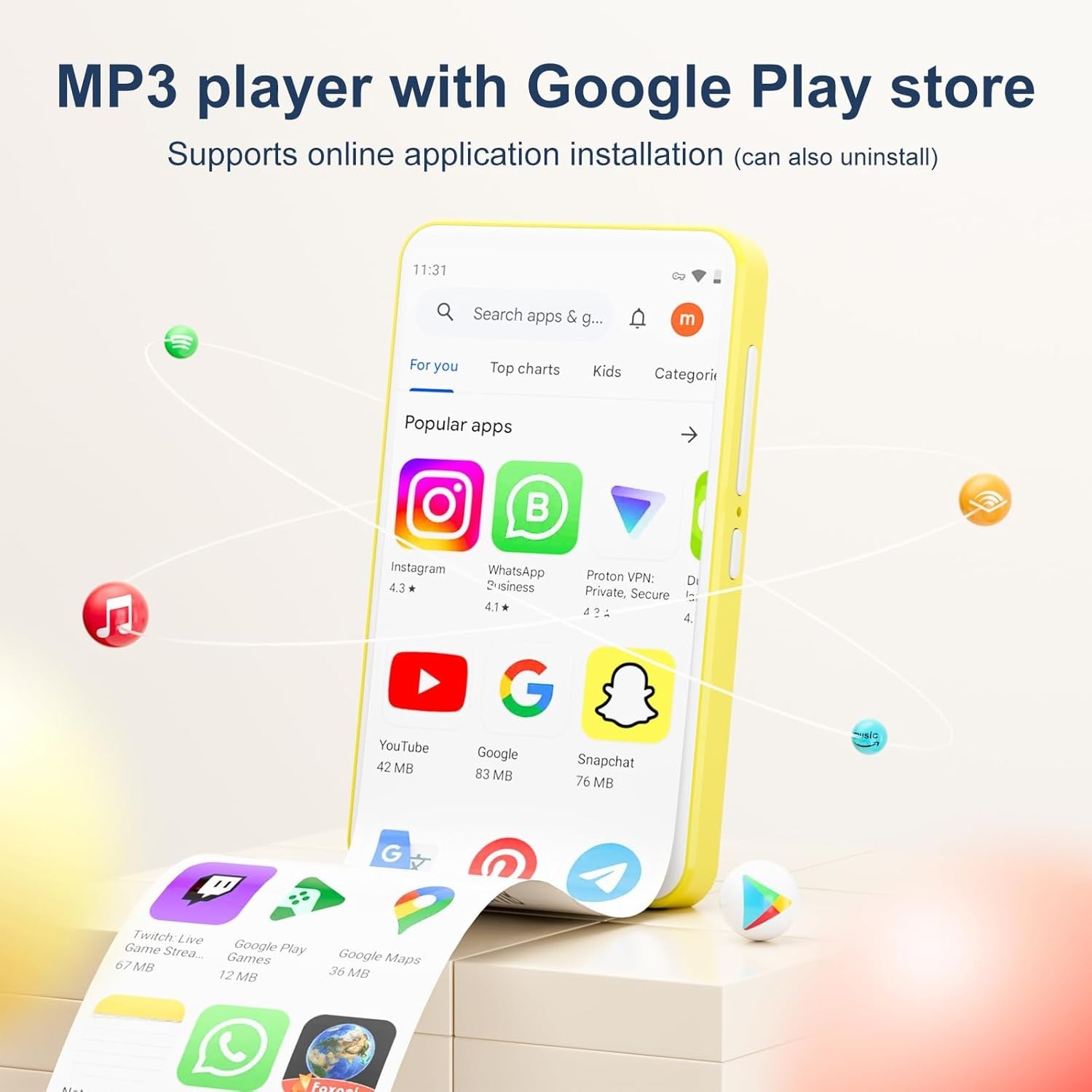 80GB MP3 Player Bluetooth WiFi 4" Touch Screen FM Speaker Yellow