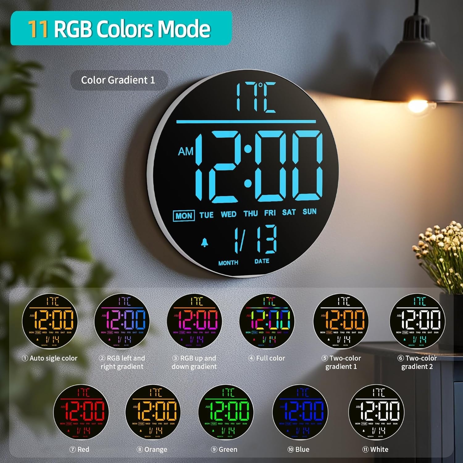 White Blue 10in Large Digital Wall Clock RGB LED Remote Auto Bright