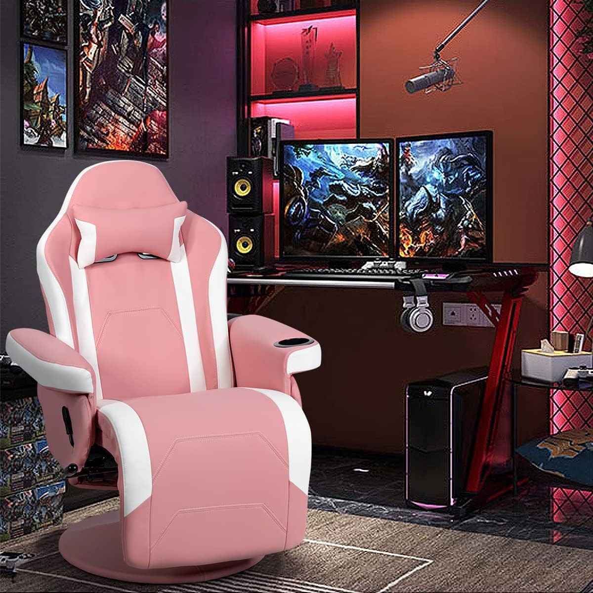 Massage Gaming Chair Recliner w/ Footrest Cup Holder Pink PU