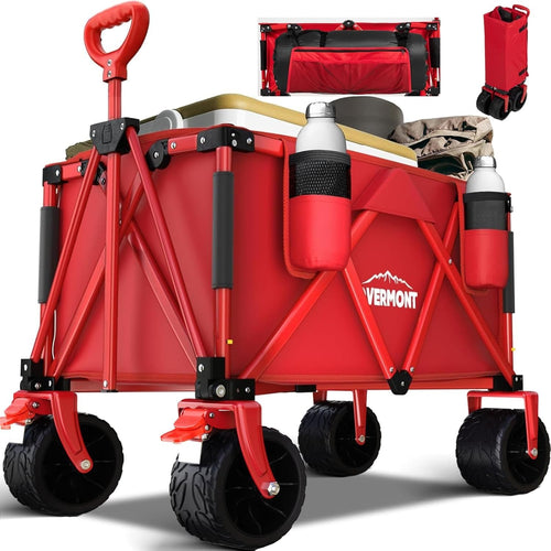 Red Heavy Duty Camping Wagon 150kg Extra Wide Wheel Folding Festival Garden Cart