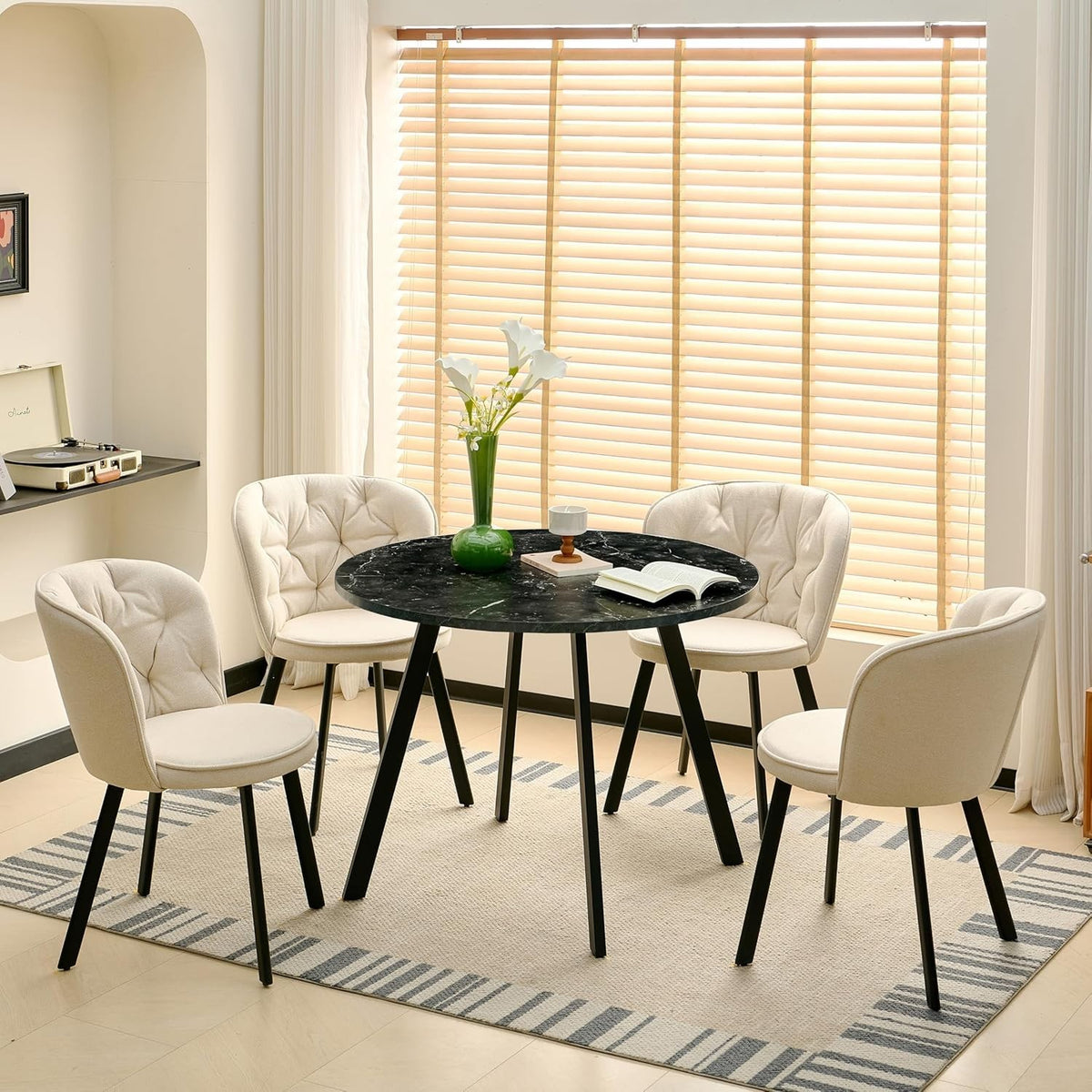 Round Dining Table & 4 Beige Linen Chairs Set | Compact, Stylish & Durable