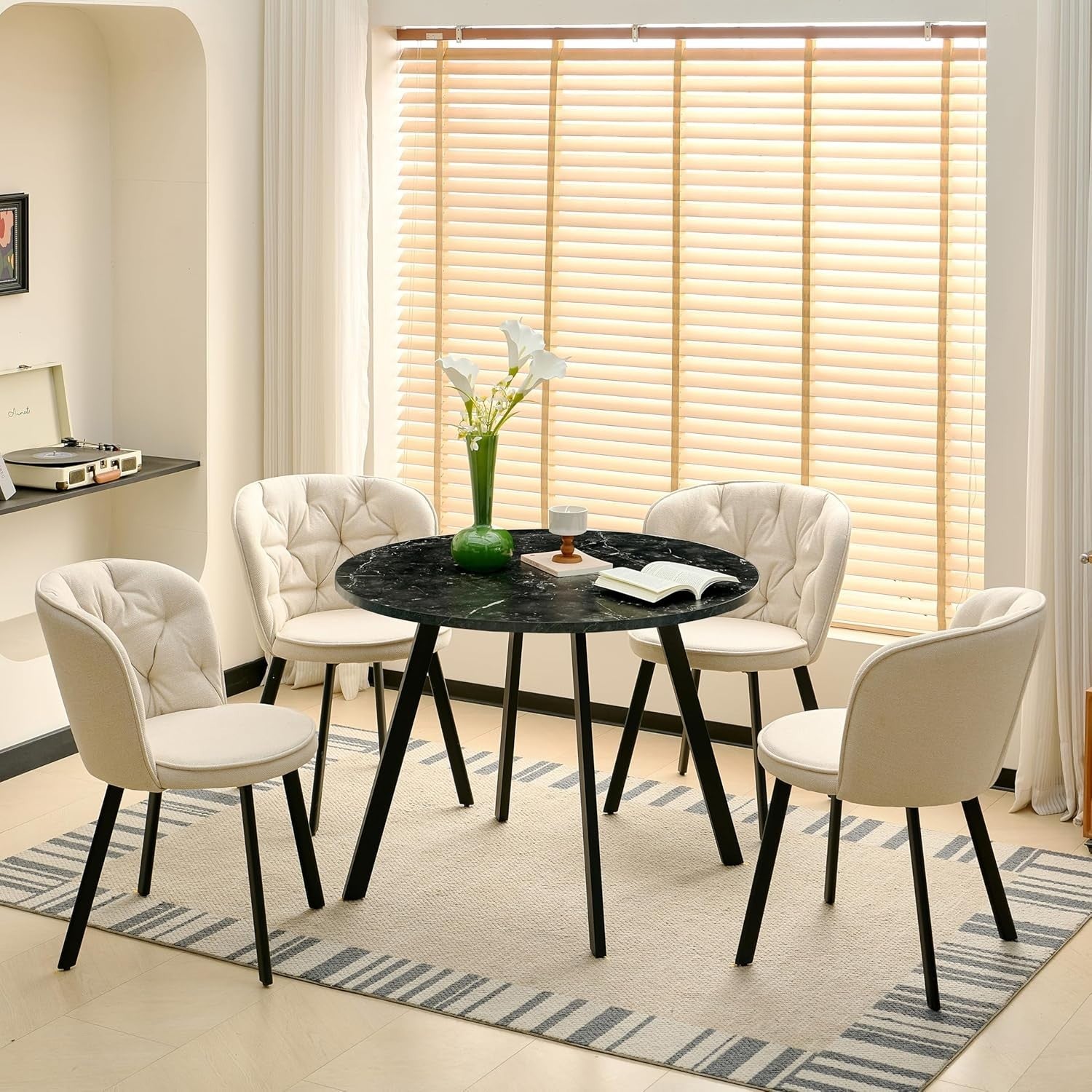 Round Dining Table & 4 Beige Linen Chairs Set | Compact, Stylish & Durable