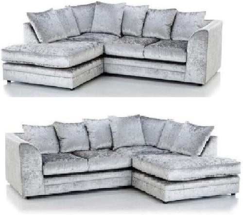 Silver Crushed Velvet Left Hand Corner Sofa Suite with Swivel Chair