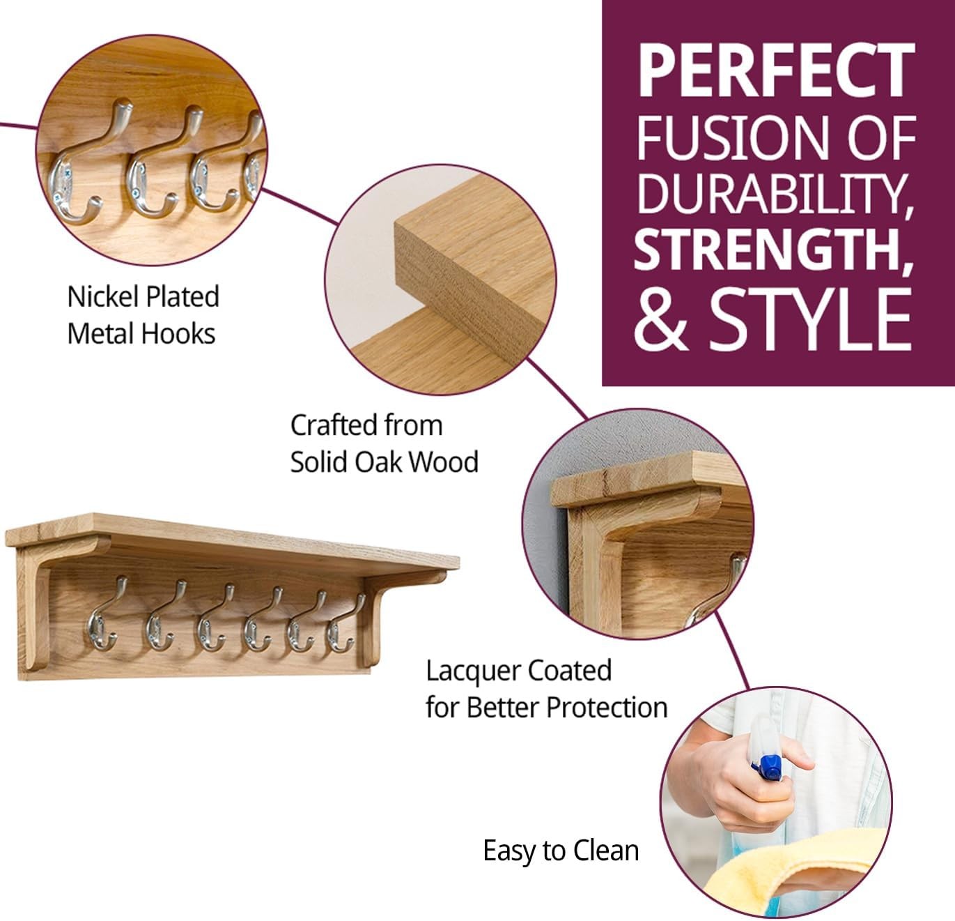 Solid Oak Wall Coat Rack with Shelf | 6 Metal Hooks for Hallway & Entryway