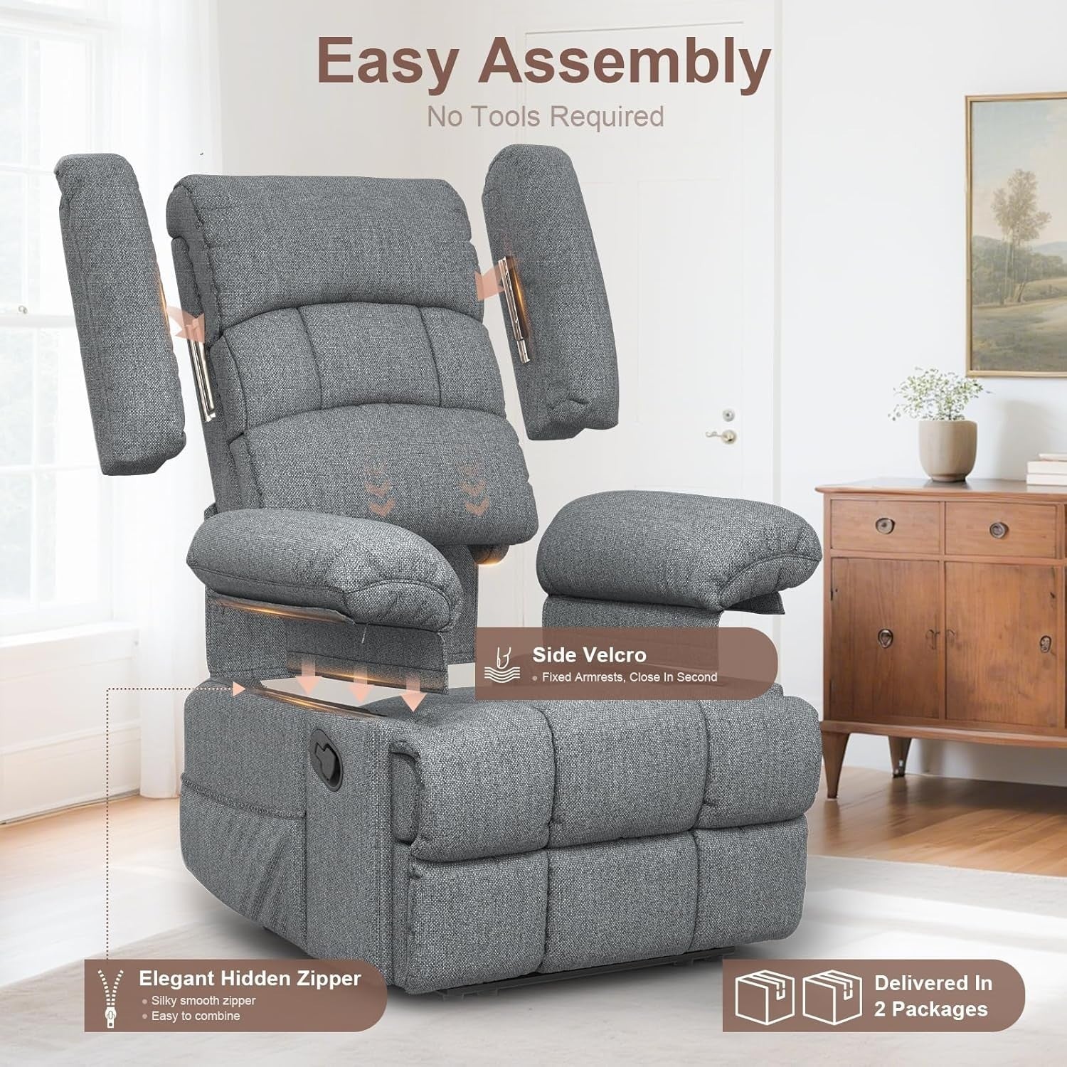 Manual Recliner Chair Massage Heat 135° Recline Footrest Dual Pockets Grey
