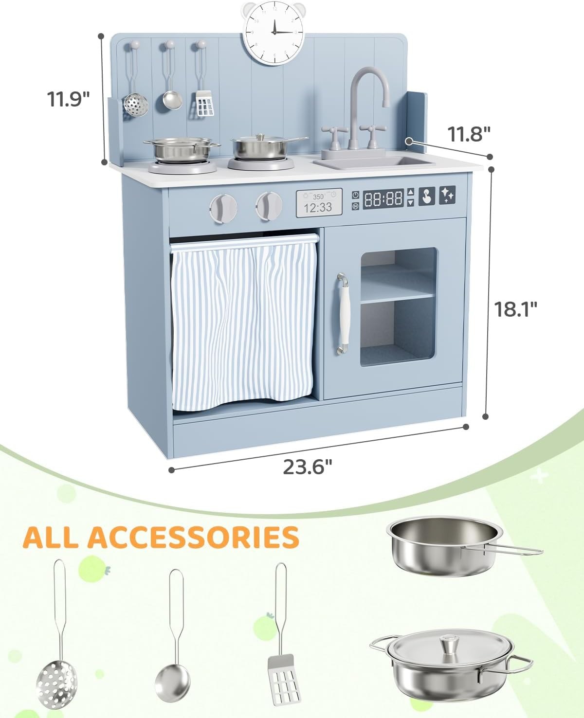 Wooden Kids Play Kitchen Blue Cooker Sink Toy Set w Storage & Clock