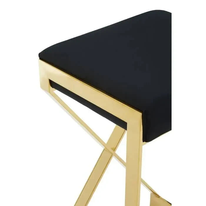 Black Velvet Bar Stool Gold Steel Frame Modern X-Leg Breakfast Chair