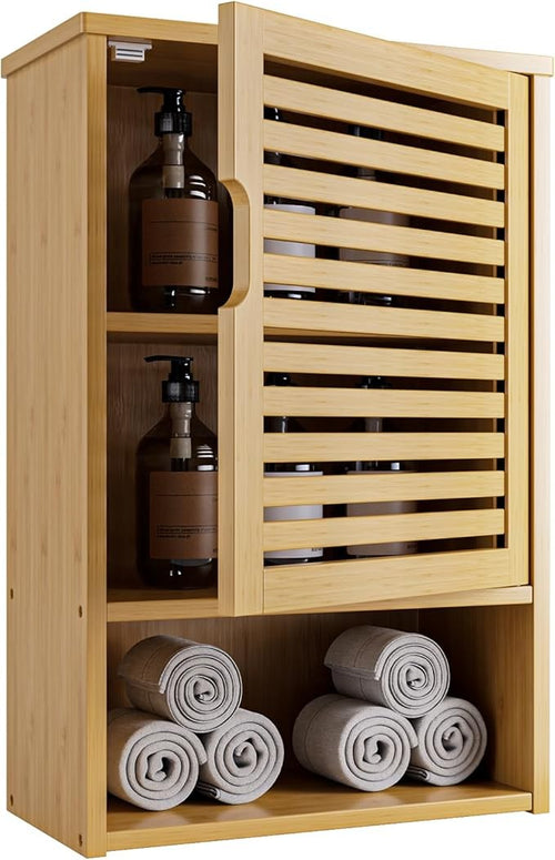 Wall Mounted Bathroom Cabinet Natural Bamboo Cupboard Adjustable Shelf Storage