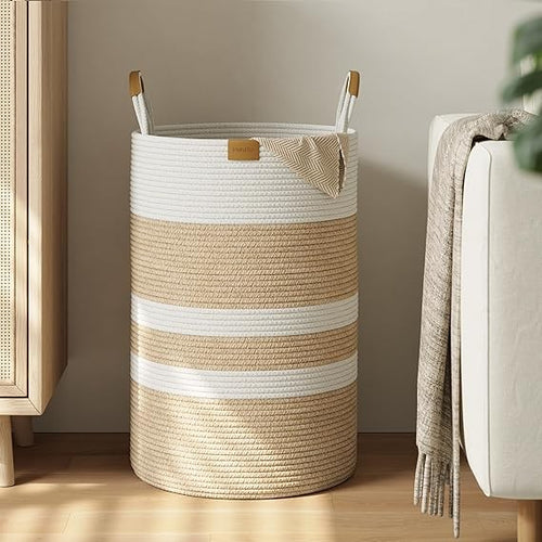 75L Foldable Woven Laundry Basket with Leather Handles Large Striped Hamper