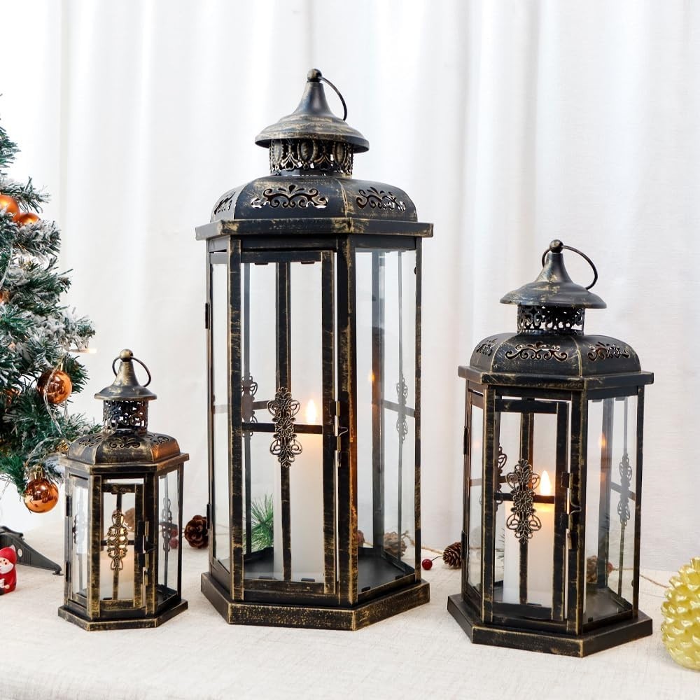 3 Pack Metal Candle Lanterns Indoor Outdoor Black Gold