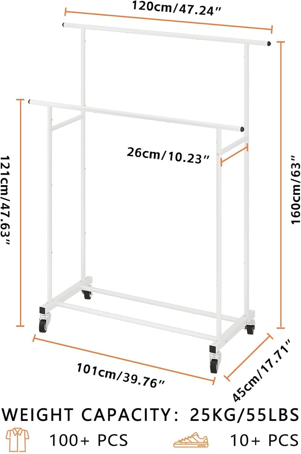 White Double Rod Clothes Rack with Wheels & Storage Shelf
