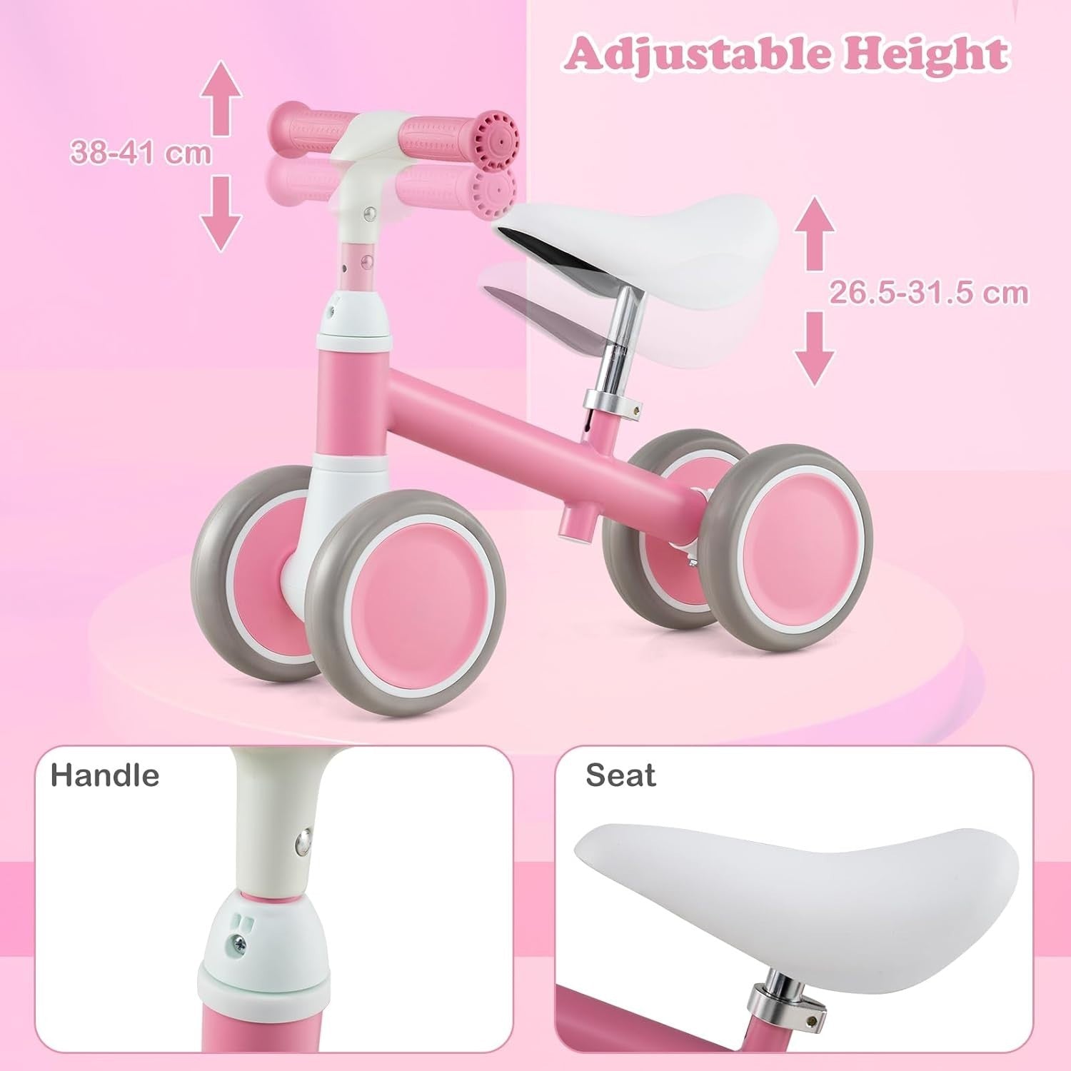 Baby Balance Bike 4 Wheel Toddler Ride On Adjustable Seat 1-3 Years