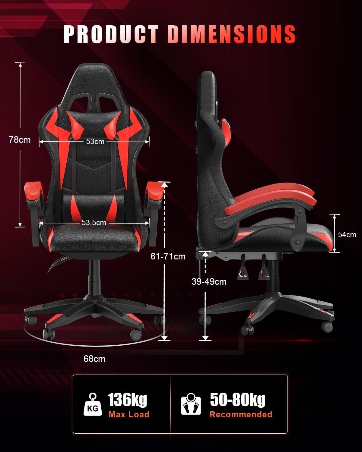 Gaming Chair Recliner w/ RGB LED Lights, High Back, Faux Leather, Ergonomic Red
