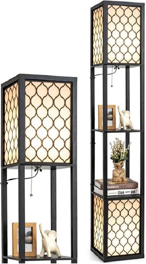 Floor Lamp with Shelves Twin Lampshade Storage Standing Light Reading Lamp