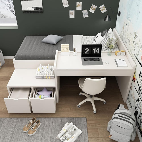 Kids Bed with Desk Storage Drawers White 3-in-1 Single Space Saver