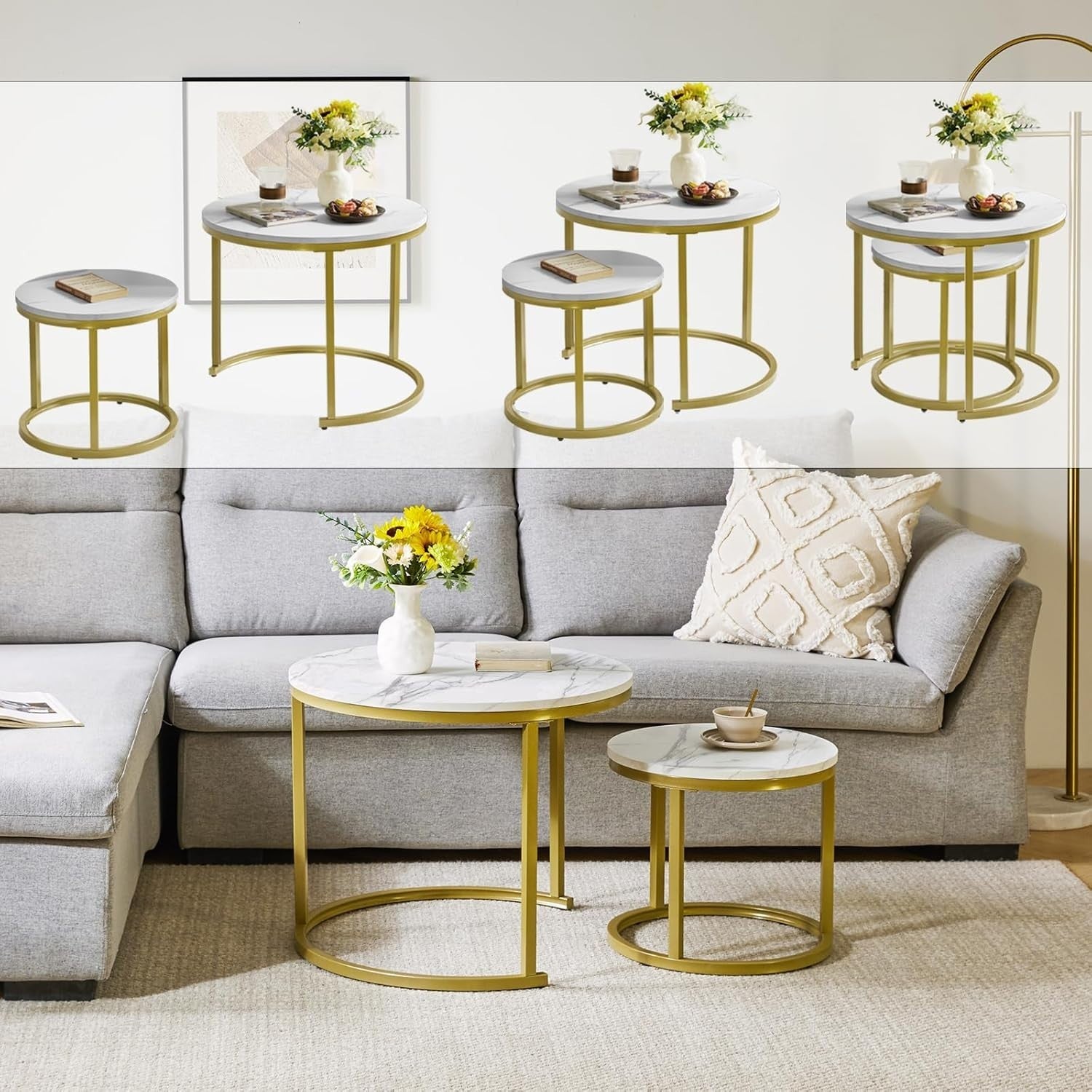 2pc Round Nesting Coffee Table Set Marble Look Gold Metal Legs Space Saving