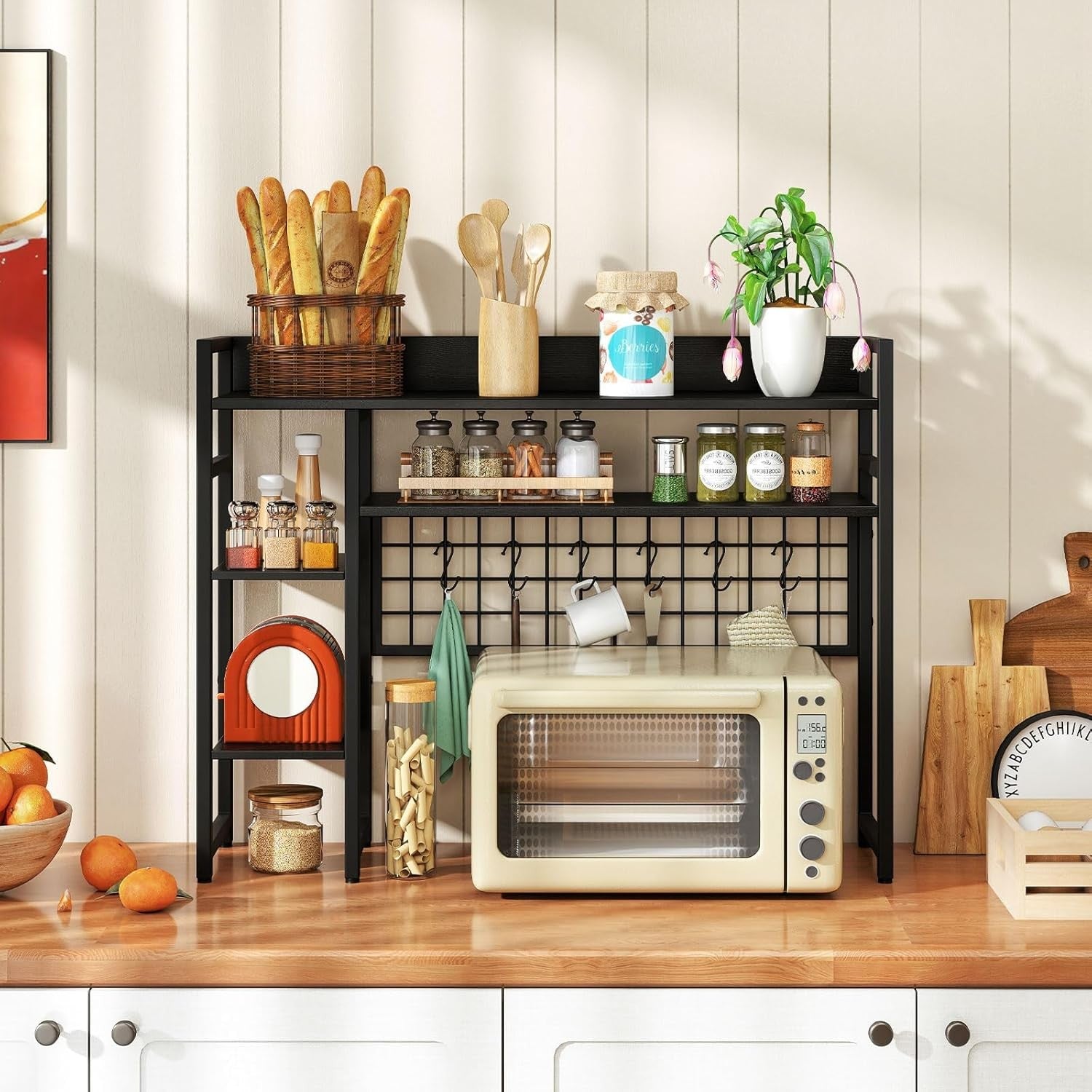 4-Tier Desktop Hutch Bookshelf Monitor Stand with Hooks Office Desk Organizer