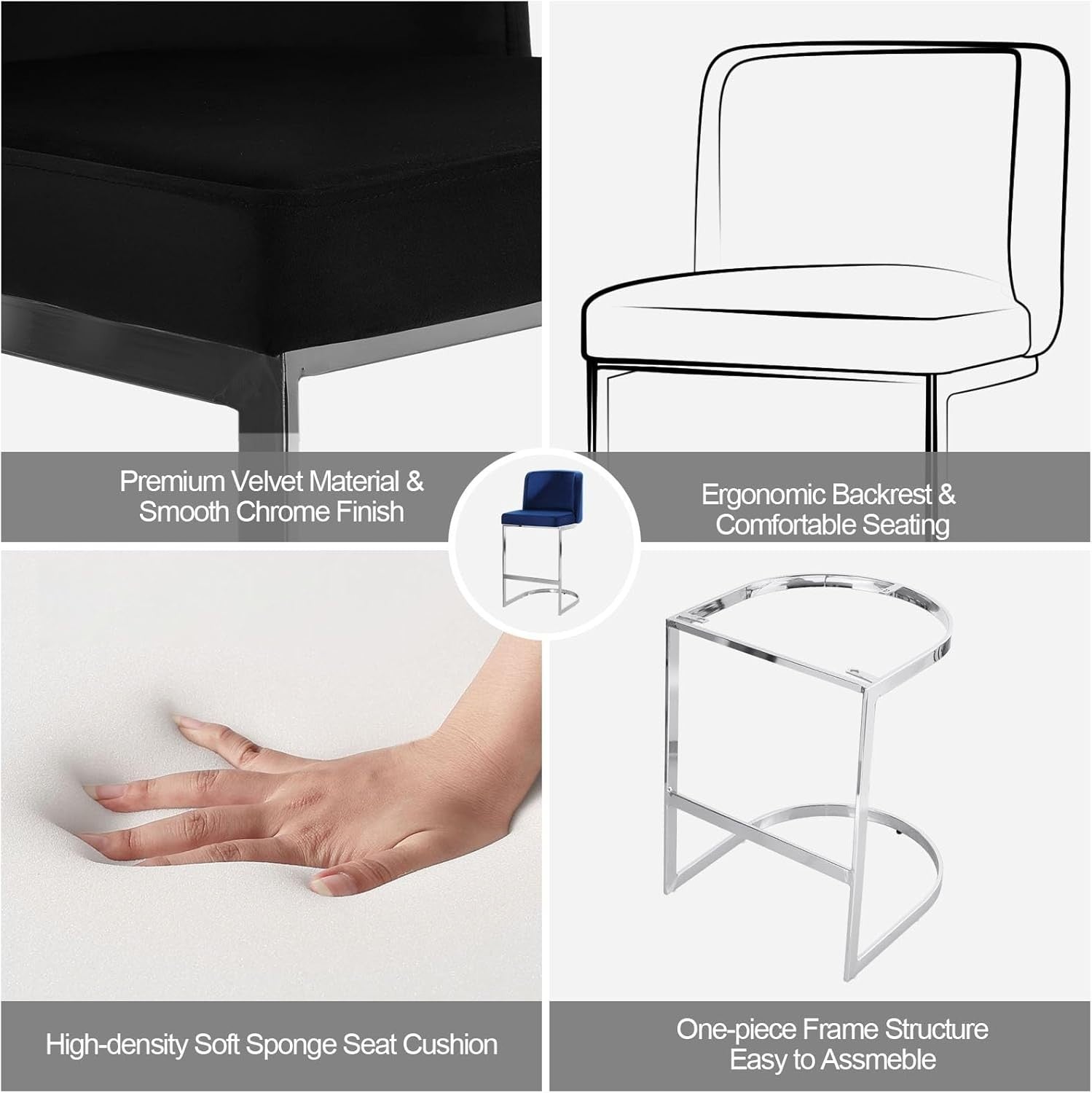 Modern Counter Bar Stools PU Leather With Back Steel Base Set Of 2